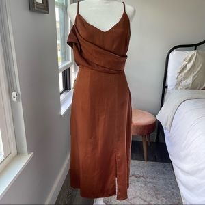 Lulu’s J.O.A Anouk Rust Orange Satin Midi Dress